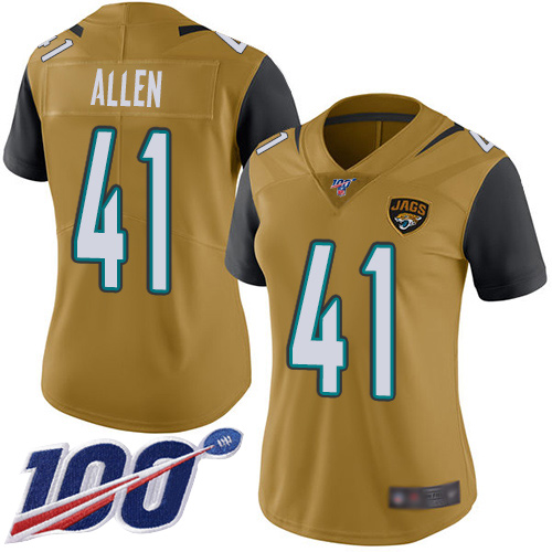 Nike Jacksonville Jaguars #41 Josh Allen Gold Women Stitched NFL Limited Rush 100th Season Jersey->women nfl jersey->Women Jersey